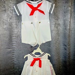 C.I. Castro White Sailors Romper & Dress. Baby Twins outfits.  SZ 3 Months NEW